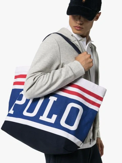 Shop Polo Ralph Lauren Logo Stripe Tote Bag In Blue