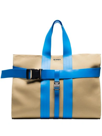 Shop Sunnei Blue And Sand Contrasting Buckle Strap Messenger Bag In Neutrals