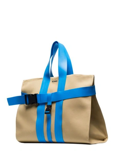 Shop Sunnei Blue And Sand Contrasting Buckle Strap Messenger Bag In Neutrals