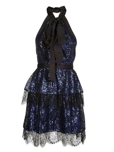 Shop Self-portrait Tiered Check Sequin Dress In Blue