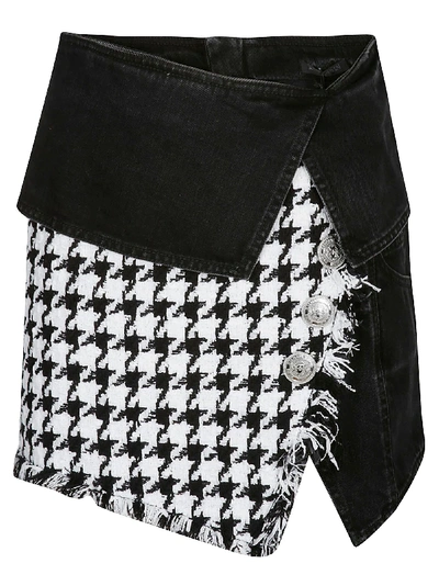 Shop Balmain Denim Wrap Mini-skirt In Black White