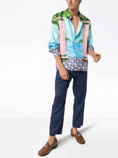 Shop Casablanca Moca Painted Scene Silk Shirt In Blue