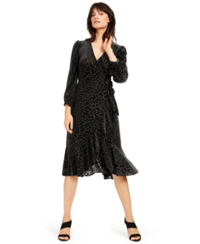 Shop Calvin Klein Burnout Velvet Animal-print Wrap Dress In Black