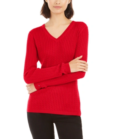 Shop Tommy Hilfiger Ivy Cable V-neck Sweater, Created For Macy's In Scarlet