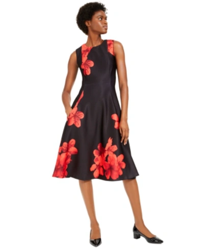 Calvin Klein Floral-print Fit & Flare Dress In Red | ModeSens