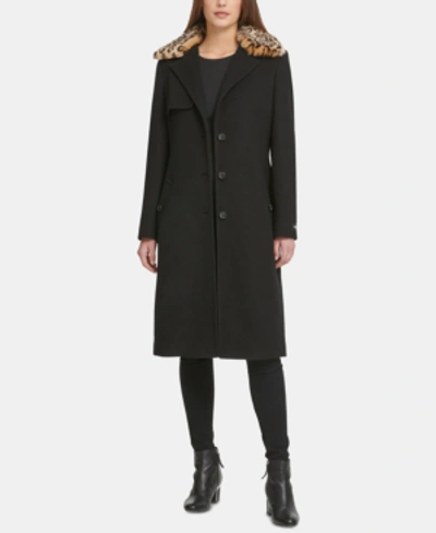 Shop Dkny Leopard-print Faux-fur-collar Coat In Black