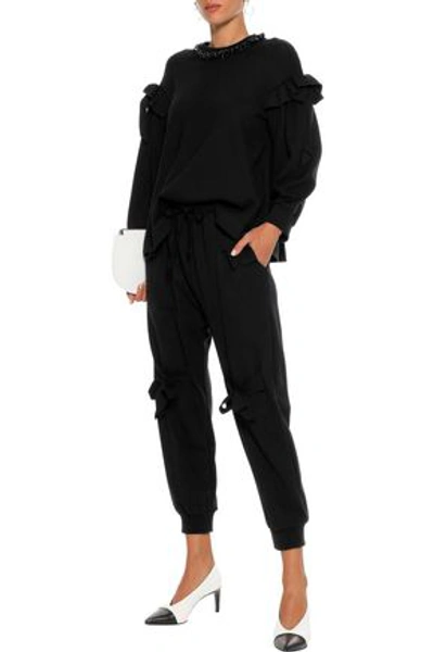 Shop Simone Rocha Woman Bow-detailed Faux Pearl-embellished Knitted Sweatshirt Black