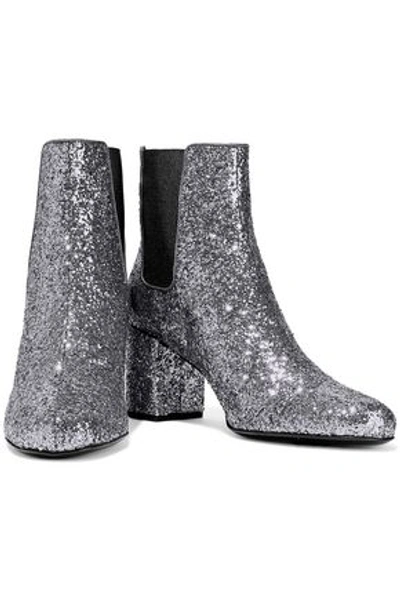 Shop Saint Laurent Woman Babies Glittered Leather Ankle Boots Silver