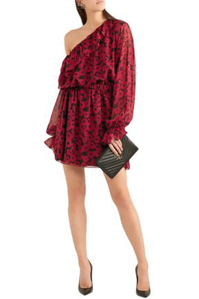 Shop Saint Laurent Woman One-shoulder Ruffled Floral-print Silk-chiffon Mini Dress Crimson