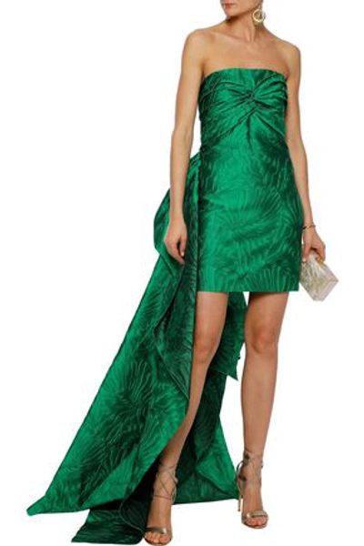 Shop Reem Acra Strapless Draped Cloqué-jacquard Mini Dress In Emerald