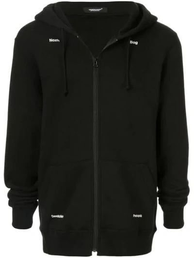 Shop Undercover Printed Detail Zipped Hoodie In Black