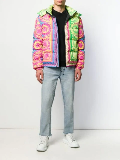 Shop Versace Baroque Puffer Jacket In Green