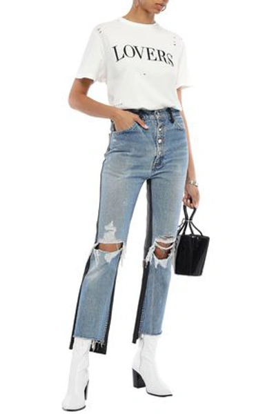 Shop Amiri Leather-paneled Distressed High-rise Straight-leg Jeans In Mid Denim