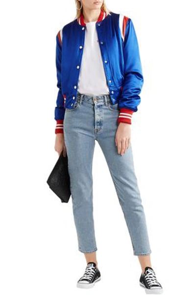 Shop Amiri Leather-trimmed Silk-satin Bomber Jacket In Blue