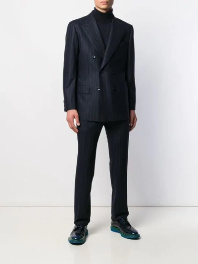 Shop Kiton Double Breasted Stripe Suit In Blue