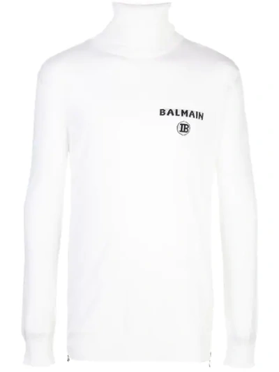 Shop Balmain Logo Intarsia Turtleneck Jumper In White