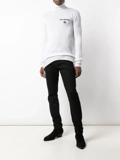 Shop Balmain Logo Intarsia Turtleneck Jumper In White