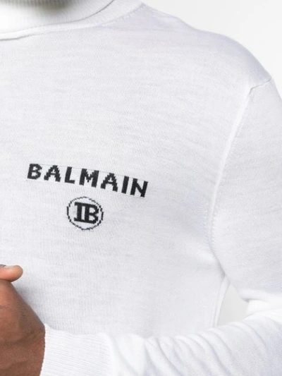 Shop Balmain Logo Intarsia Turtleneck Jumper In White