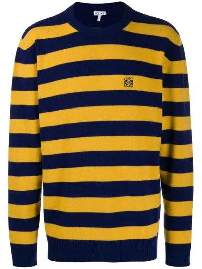 Shop Loewe Striped Embroidered Logo Knitted Sweater In Yellow