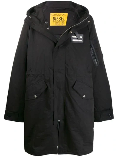 Shop Diesel Long Hooded Coat In Black