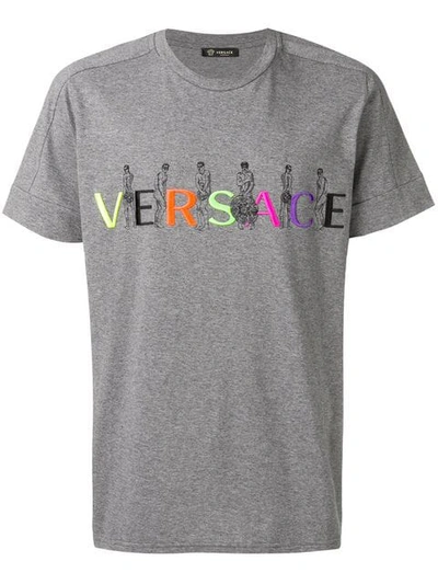 Shop Versace Embroidered Logo T-shirt In Grey