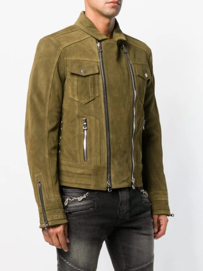 Shop Balmain Lace-up Biker Jacket In Green