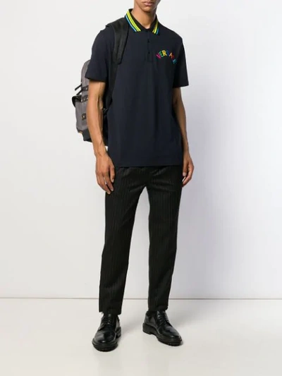 Shop Versace Embroidered Logo Polo T-shirt In Blue