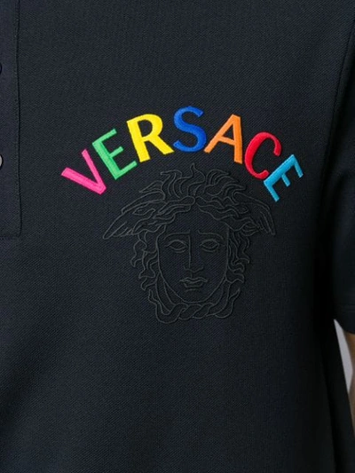 Shop Versace Embroidered Logo Polo T-shirt In Blue