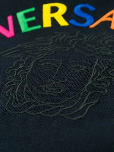 Shop Versace Embroidered Logo Polo T-shirt In Blue