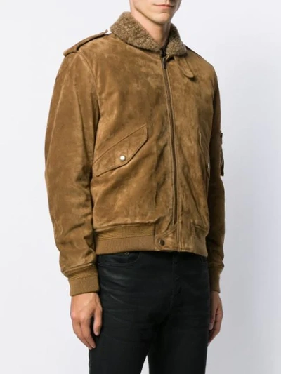 Shop Saint Laurent Shearling Collar Suede Jacket In Brown
