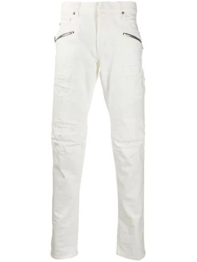Shop Balmain Biker Slim-fit Jeans In White