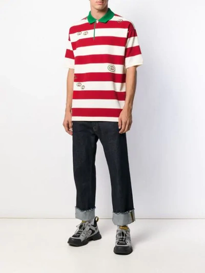 Shop Gucci Embroidered Striped Polo Shirt In Red