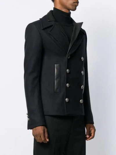 Shop Balmain Leather Layered Double Breasted Coat In Black