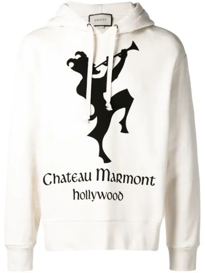 Shop Gucci Hoodie With Chateau Marmont Print In Neutrals