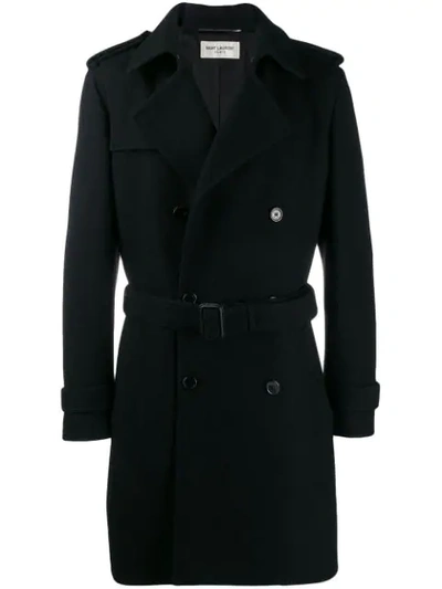 Shop Saint Laurent Double-breasted Belted Coat In Black