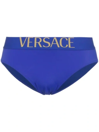 Shop Versace Logo Swim Short Briefs In Blue