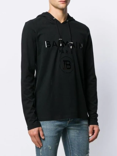 Shop Balmain Logo Print Hoodie In Black