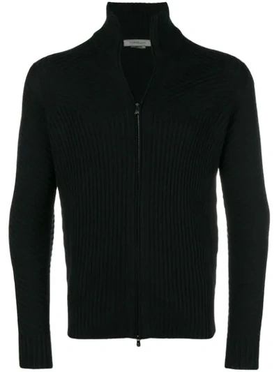 Shop Corneliani Rib Knit Zipped Cardigan In Black