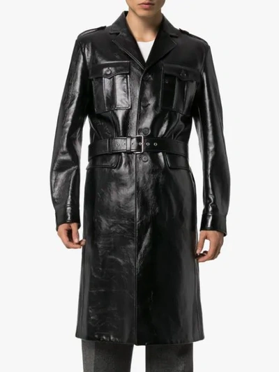 Shop Prada Leather Belted Military Coat In Black