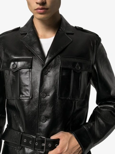 Shop Prada Leather Belted Military Coat In Black