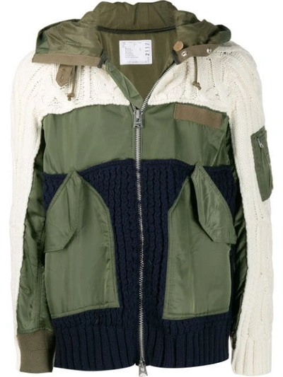 Shop Sacai Cable Knit Ma-1 Jacket In Green