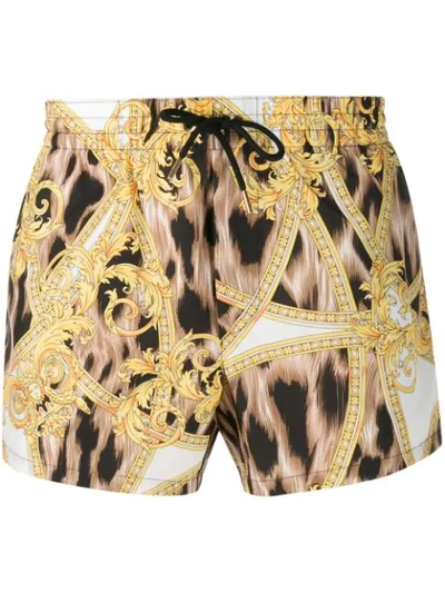 Shop Versace Barocco Leopard Swim Shorts In A771 Bianco Nero Oro