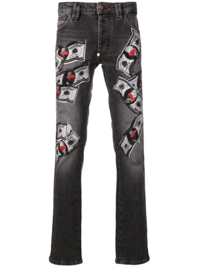 Shop Philipp Plein Embroidered Money Pattern Jeans In Grey