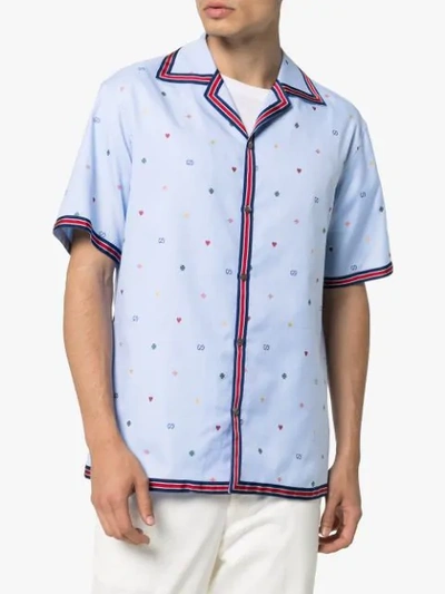 Shop Gucci Web Trim Logo Print Bowling Shirt In Blue