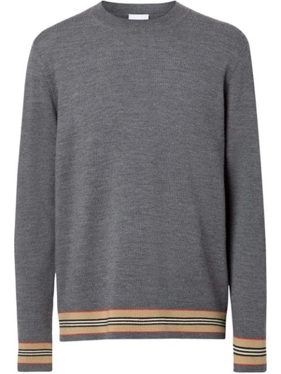 Shop Burberry Icon Stripe Detail Merino Wool Sweater In Grey