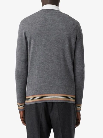 Shop Burberry Icon Stripe Detail Merino Wool Sweater In Grey