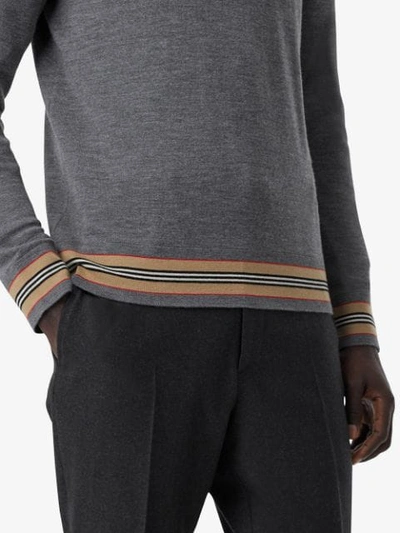 Shop Burberry Icon Stripe Detail Merino Wool Sweater In Grey