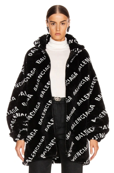 Shop Balenciaga Fluffy Logo Zip Up Jacket In Black & White