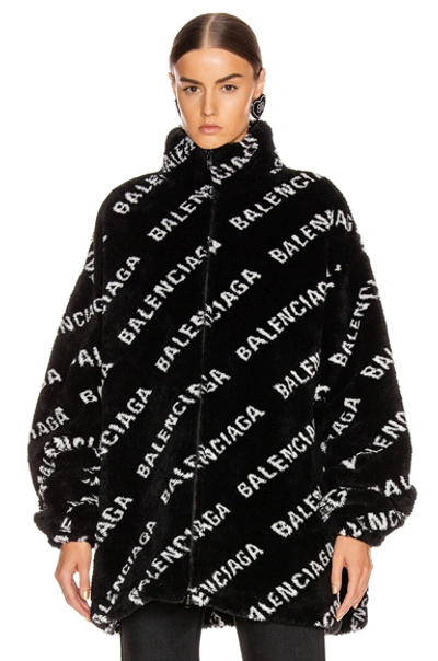 Shop Balenciaga Fluffy Logo Zip Up Jacket In Black & White