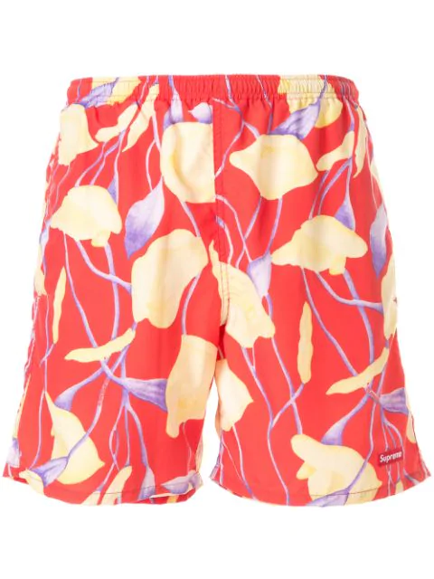 Supreme Floral Print Swim Trunks In Red Floral | ModeSens